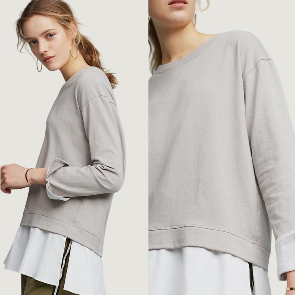 ERI + ALI Anthropologie Layered Poplin Sweatshirt Womens Size M Gray White NWT